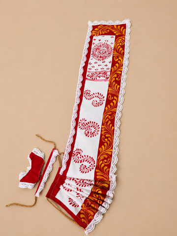 Red & White Printed Mata Rani Saree Set with Lace Border