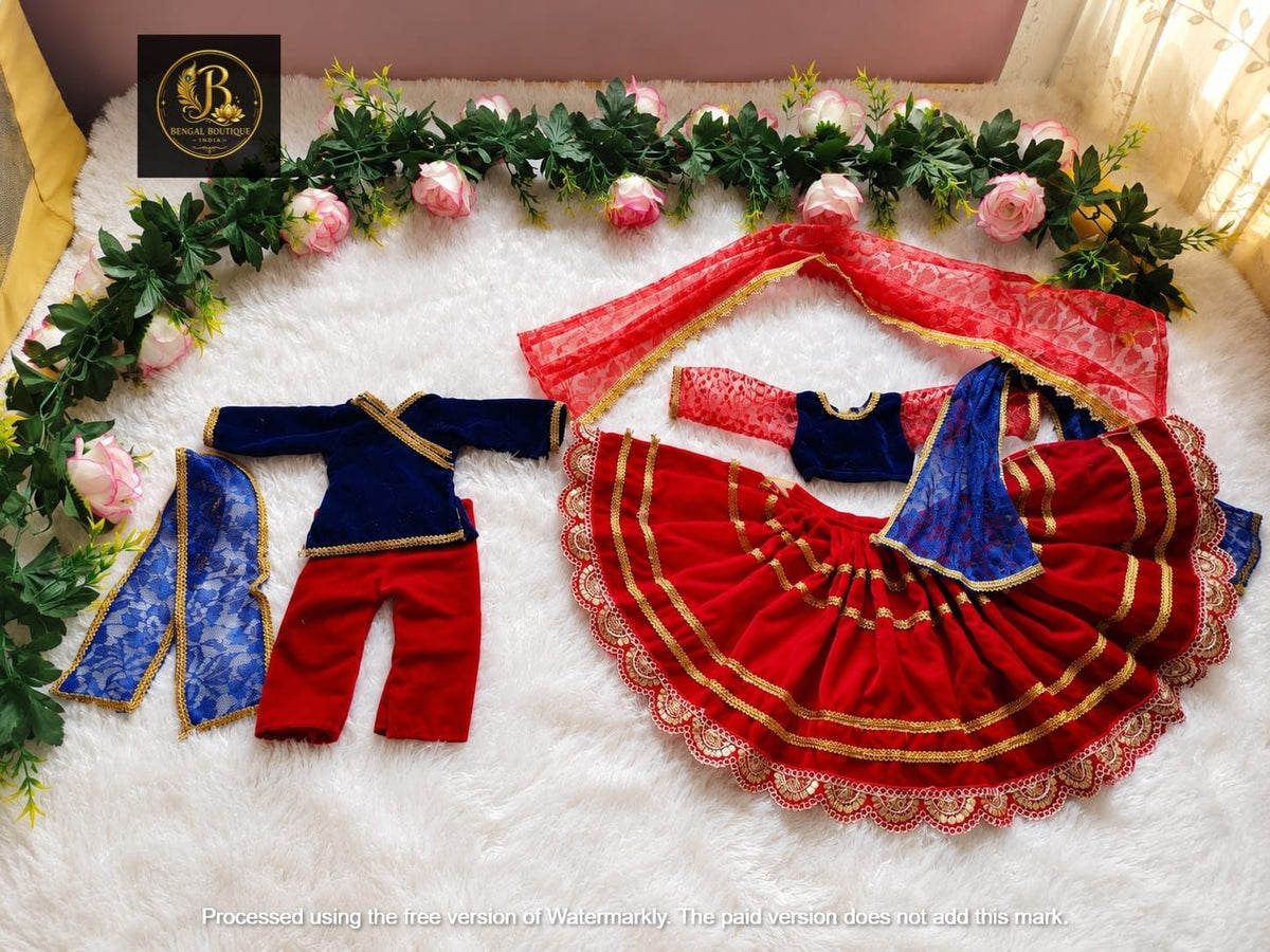 Radha Krishna Ji Red Velvet Gagra Choli & Dhoti Poshak Set