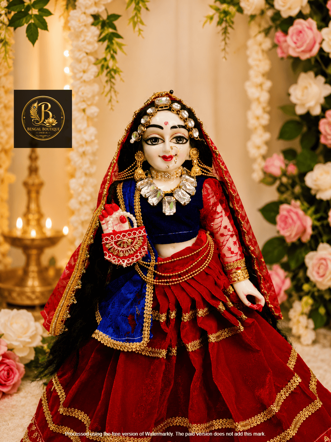 Radha Krishna Ji Red Velvet Gagra Choli & Dhoti Poshak Set