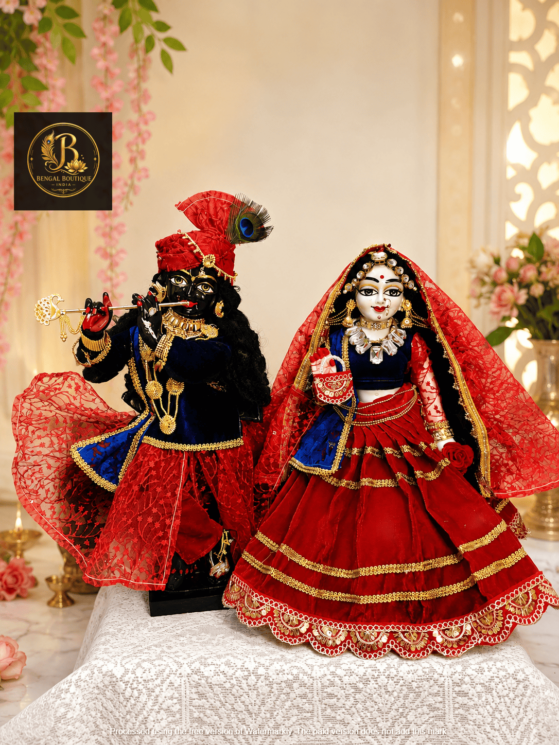 Radha Krishna Ji Red Velvet Gagra Choli & Dhoti Poshak Set