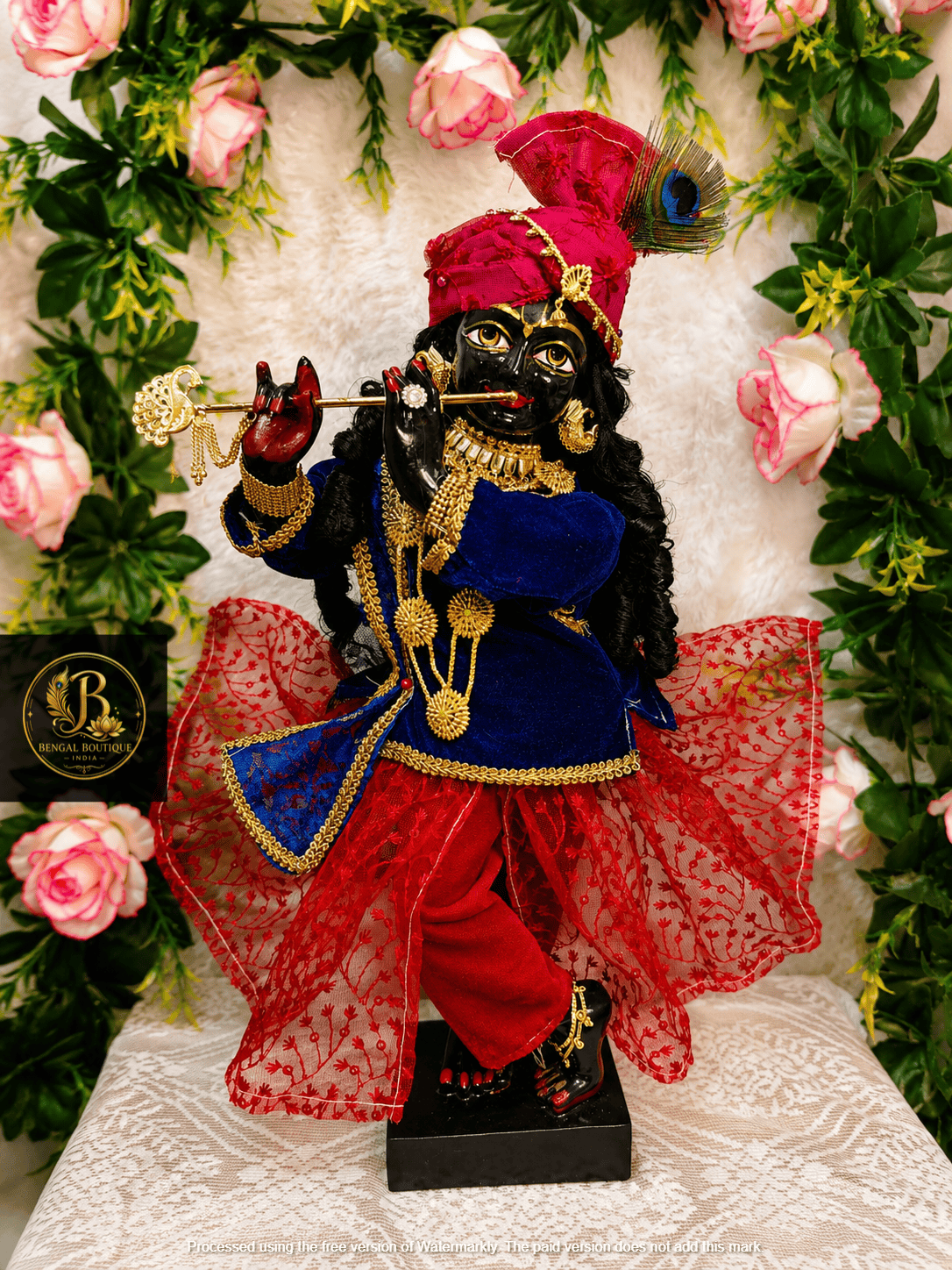 Radha Krishna Ji Red Velvet Gagra Choli & Dhoti Poshak Set
